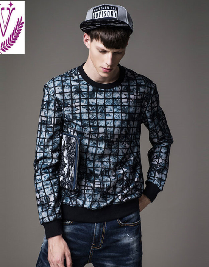 2016 EASCO新款专柜格子网纱双层面料印花潮男套头卫衣 时尚与舒适的完美融合